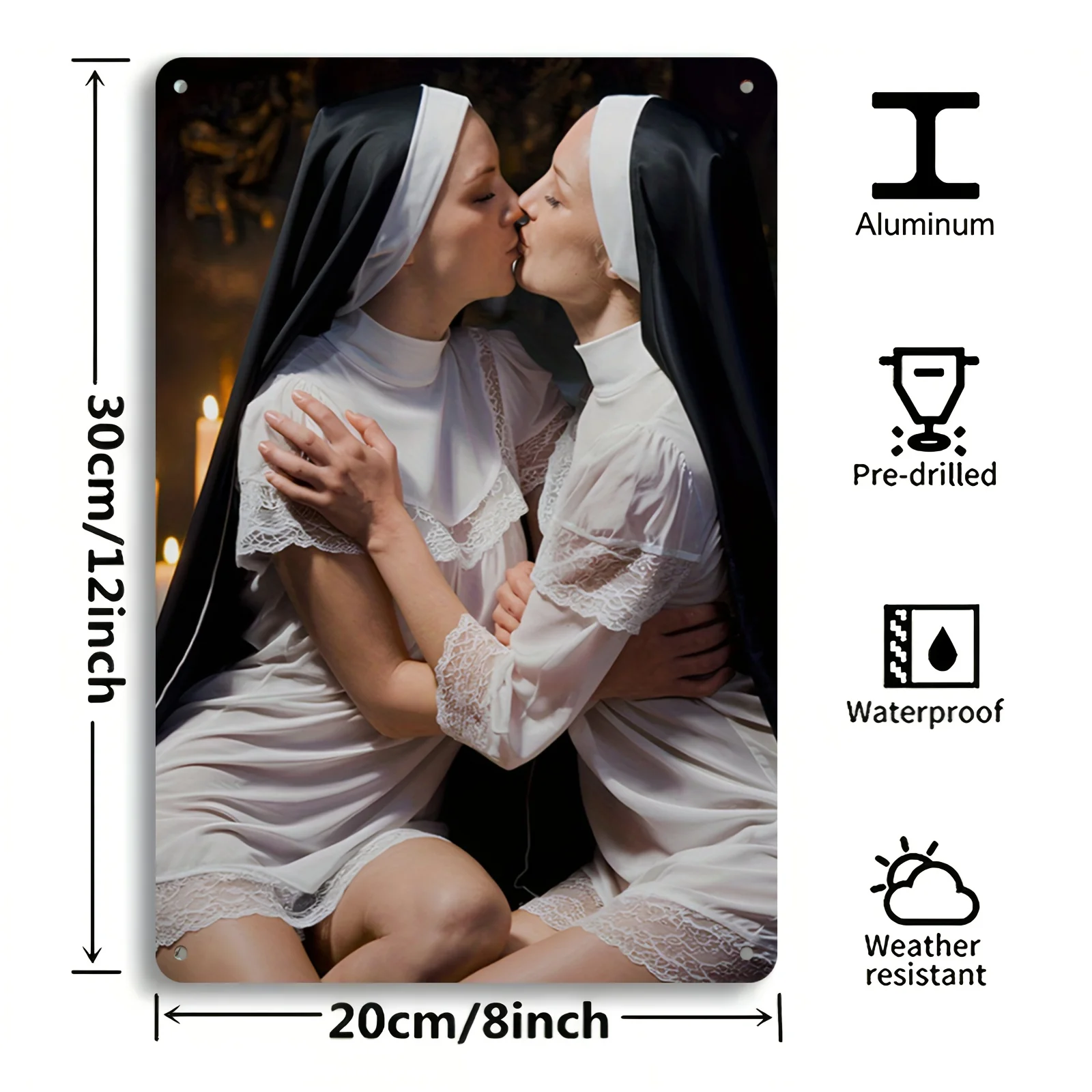 Vintage 2D Nun Kiss Metal Poster 8x12 Inch Gothic Wall Art for Home Wedding Valentine Decor