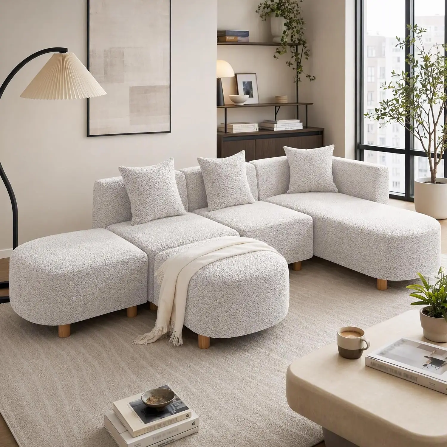 Modular Sectional Sofa with Pillows 5-Seater Boucle Camel 109.84