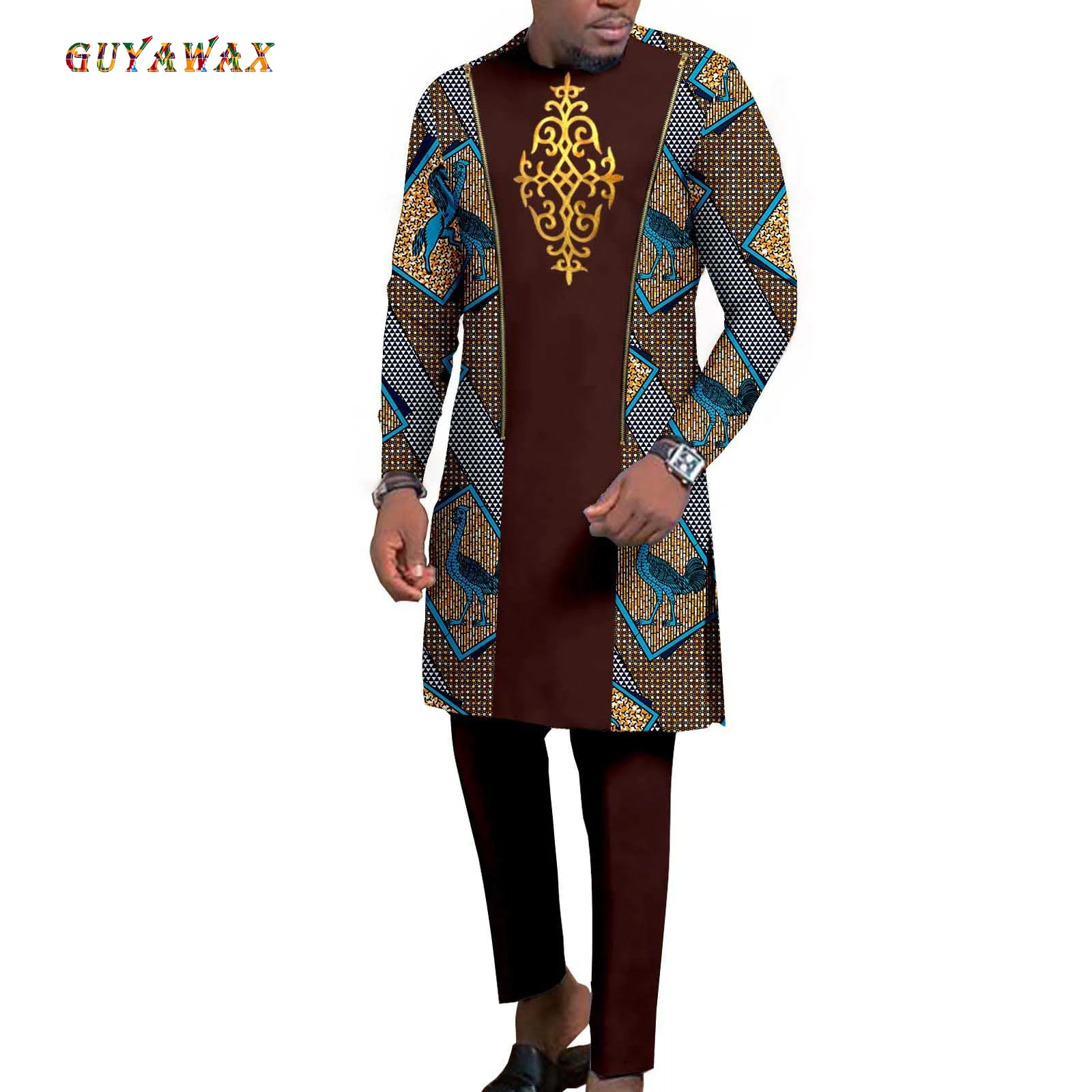 

Bazin Riche African Traditional Clothing for Men Embroidery Dashiki Print Zip Blazer Coats with Trousers 2 Piece Suit Dashiki