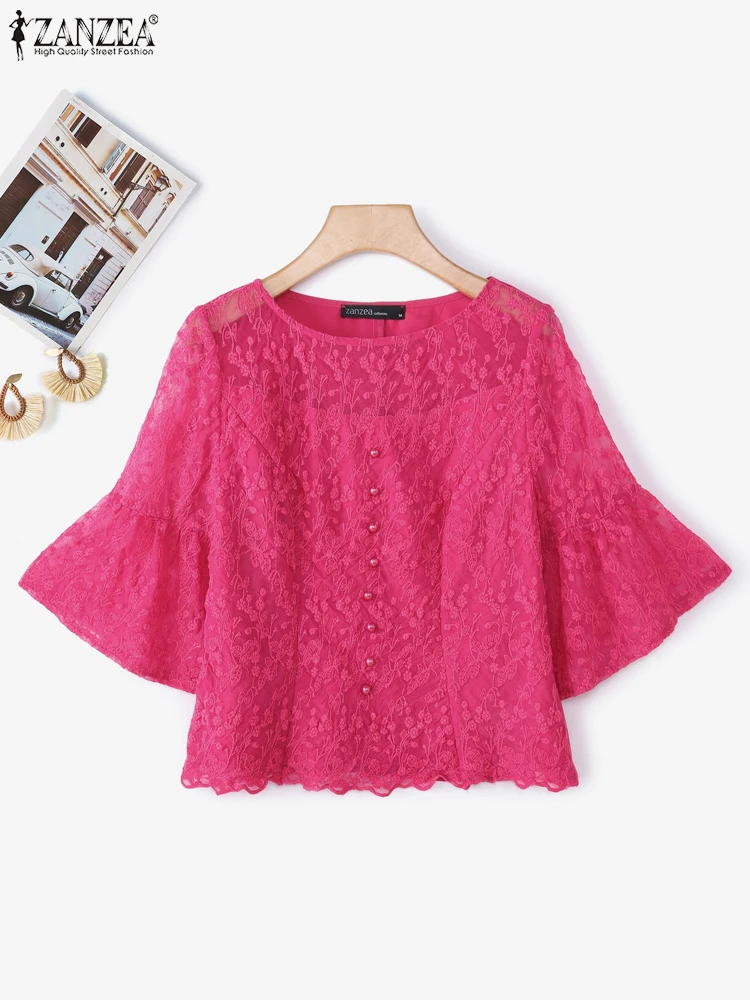 

ZANZEA 2025 Elegant Women Blouse Summer Fashion Half Flare Sleeve Lace Tops See-through Casual Solid Office Lady Blusas Shirts