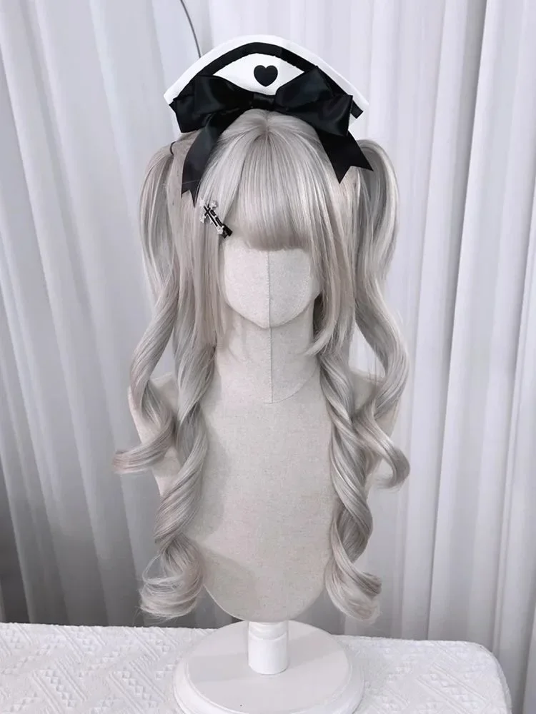 Gray wig, long hair,artificial hair simulated head, anime game Accessoires, Cosplay, full headgear, curly hair, photo show props