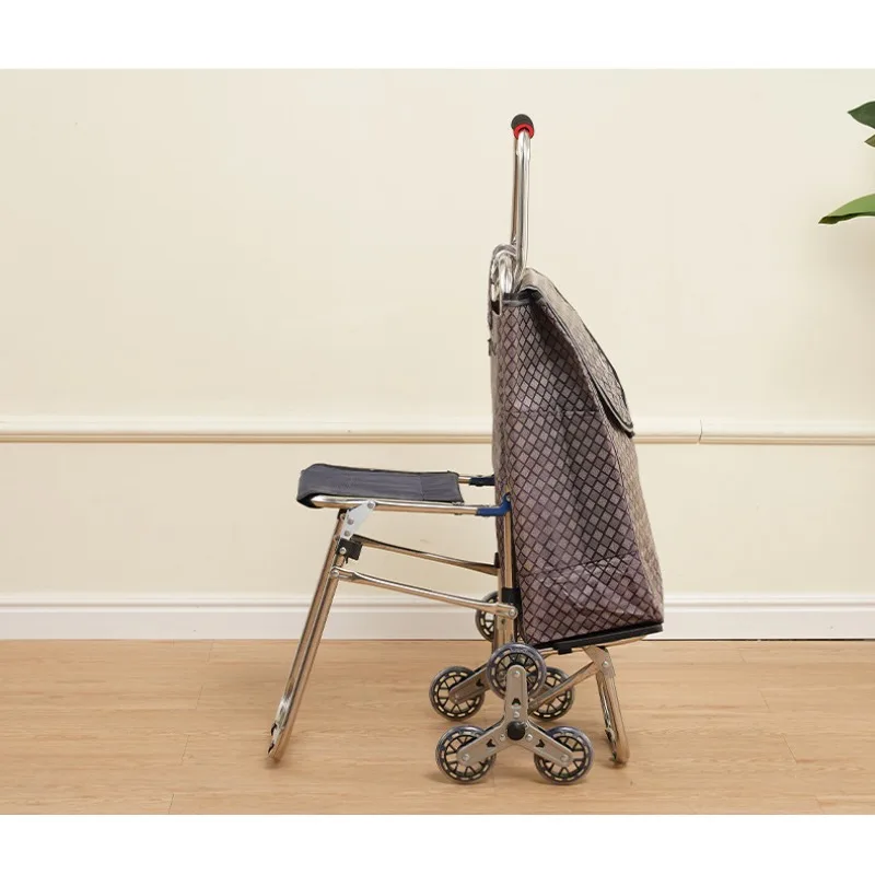 Stair Climbing Shopping Cart With Seat for the Elderly, Foldable Portable Hand Pull Trolley for Grocery Cargo