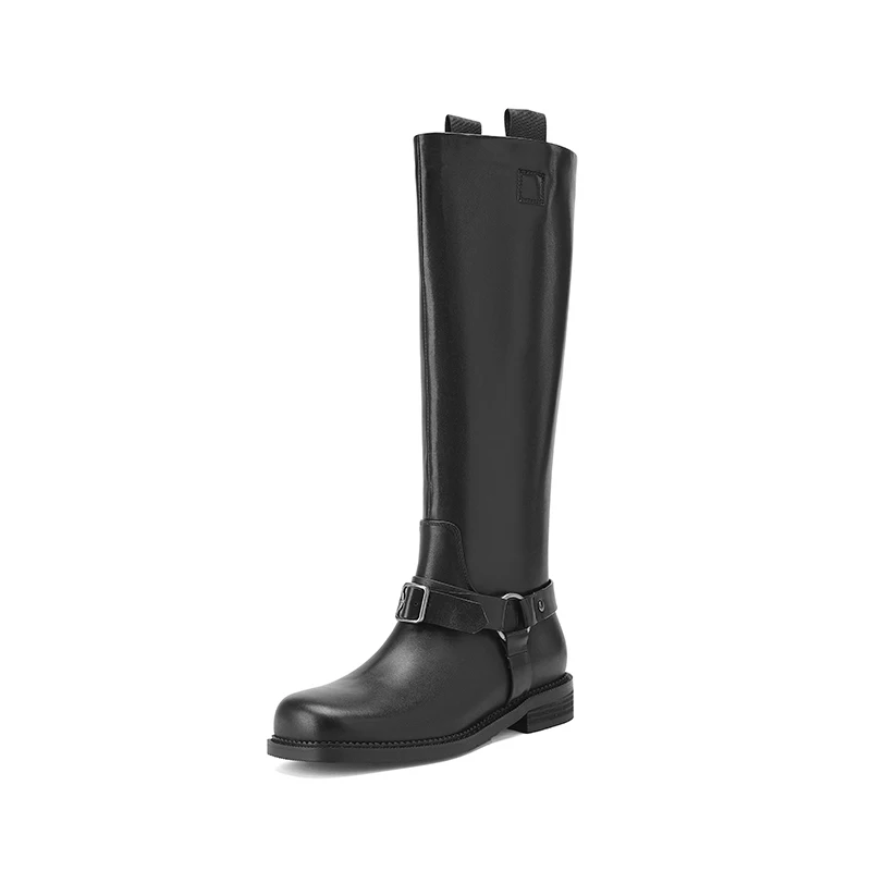 Women Rider Shoes Casual Leather and Fiber Knee Botas Designer Black Street Riding Boots Motorcycle Knight Boots Chunky Heel