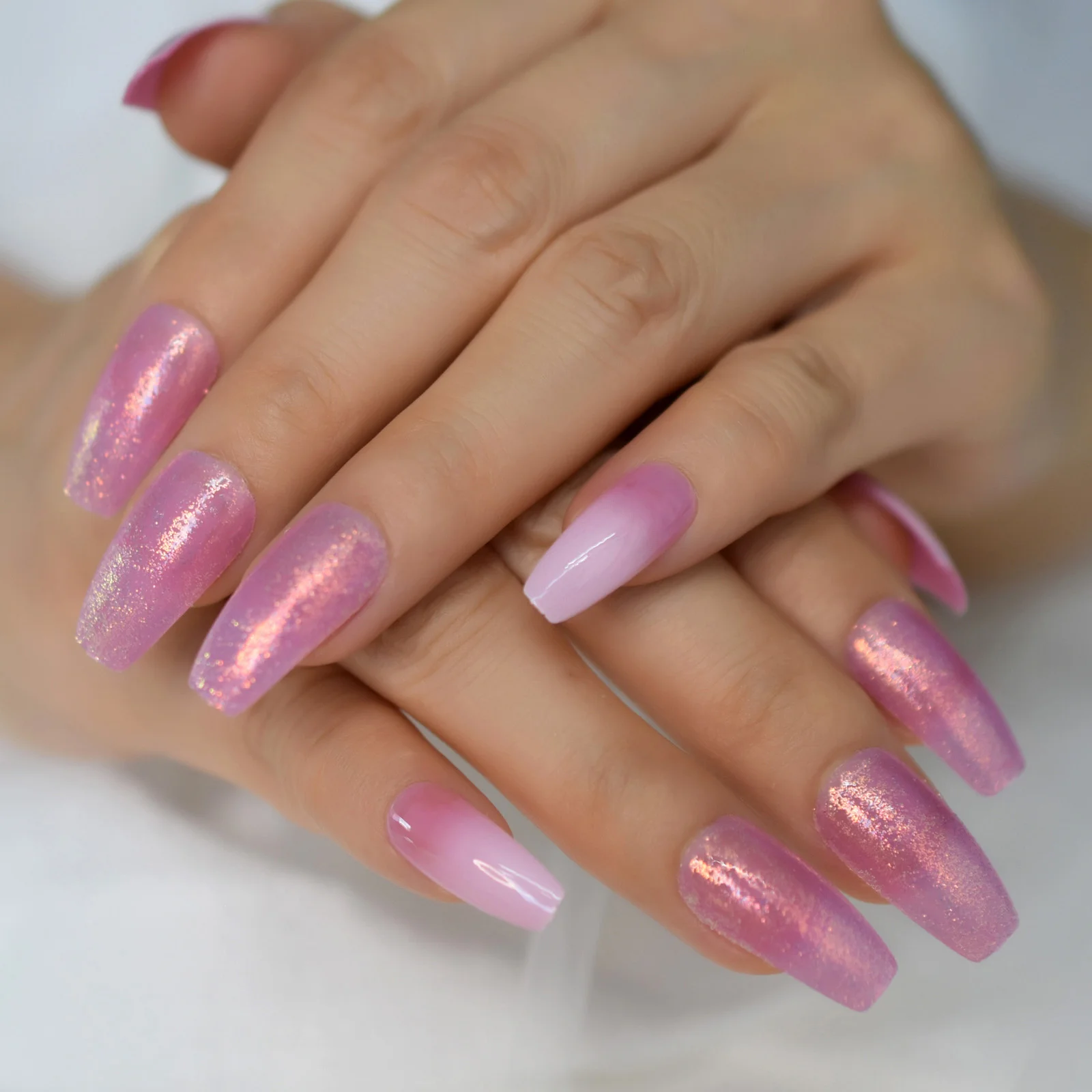 Ombre Pink French Press on False Nails Shiny Glitter Gradient Long Ballerina Coffin Full Cover Fake Fingers Nails faux ongles