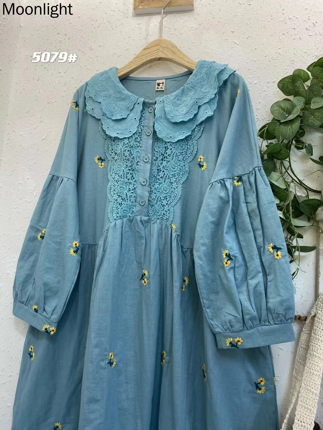 Lace Patchwork Peter Pan Collar Kawaii Dress Japanese Mori Girl Floral Embroidery Long Sleeve Dress Cotton Linen Loose Vestidos