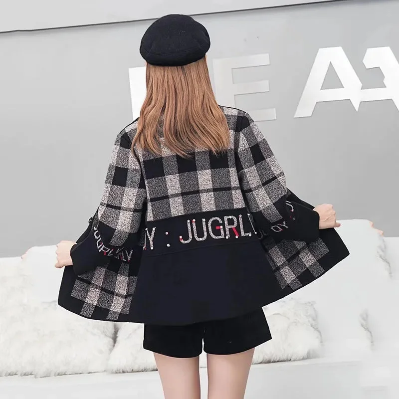 Woolen Mäntel Frauen Herbst Winter Neue Mutter der Revers Plaid Jacke Mittleren Alters Ältere Lose Kurze Outwear Strickjacke Weibliche