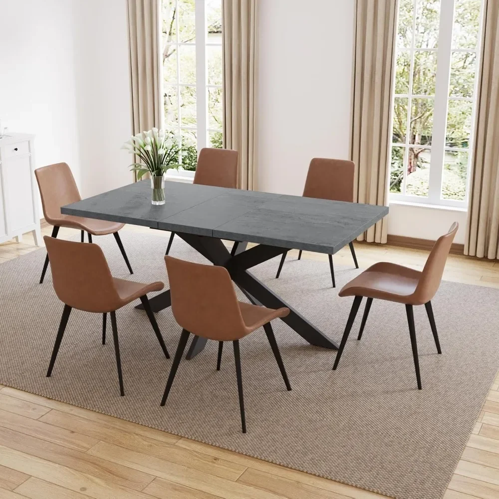 Dining Table Set for 6, Modern 78'' Dark Wood Dining Table and Fabric Dining Chairs Set of 6,63