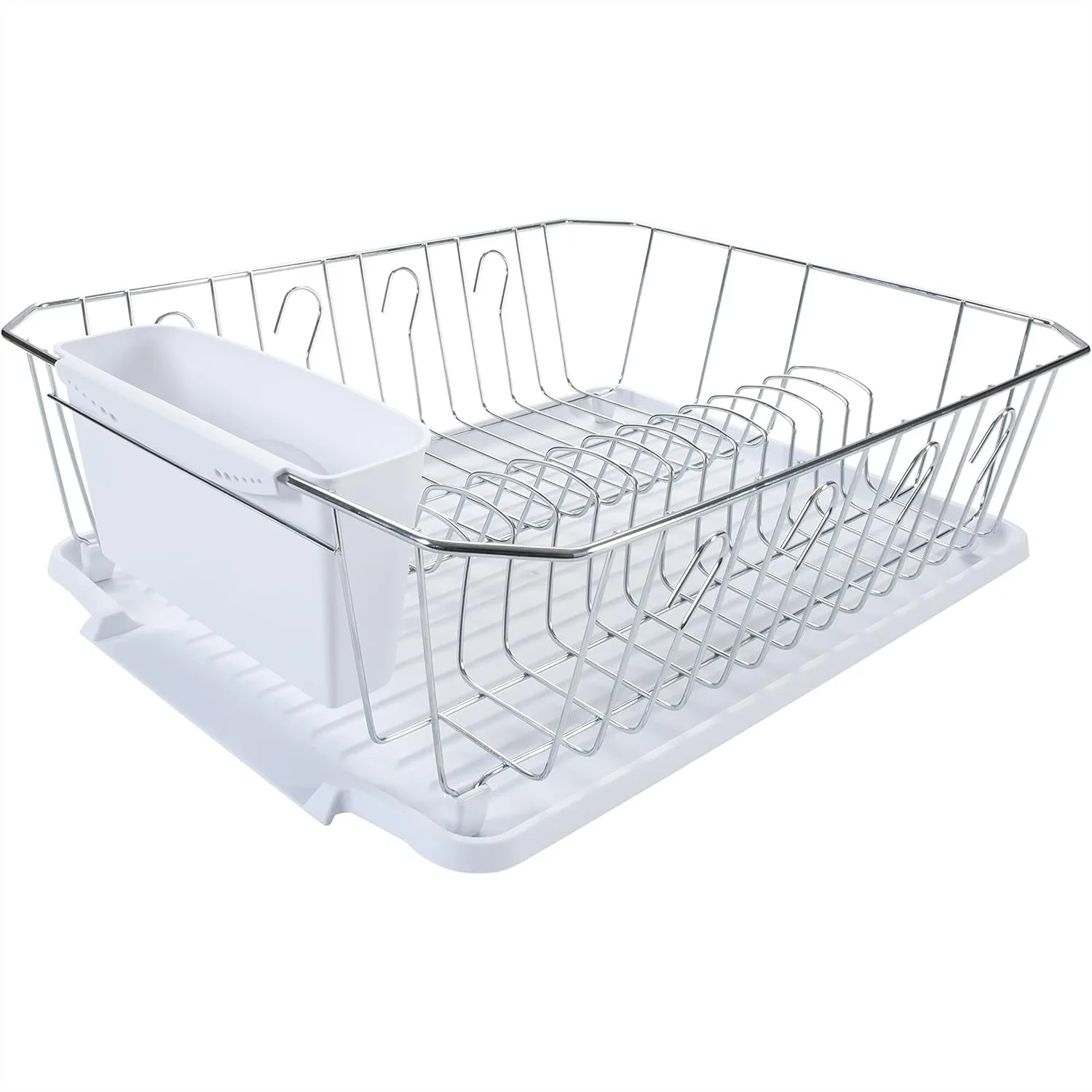 

3 Piece Dish Drying Rack with Cutlery Basket & Drainboard for Countertop, Open Wire Design, Chrome, White