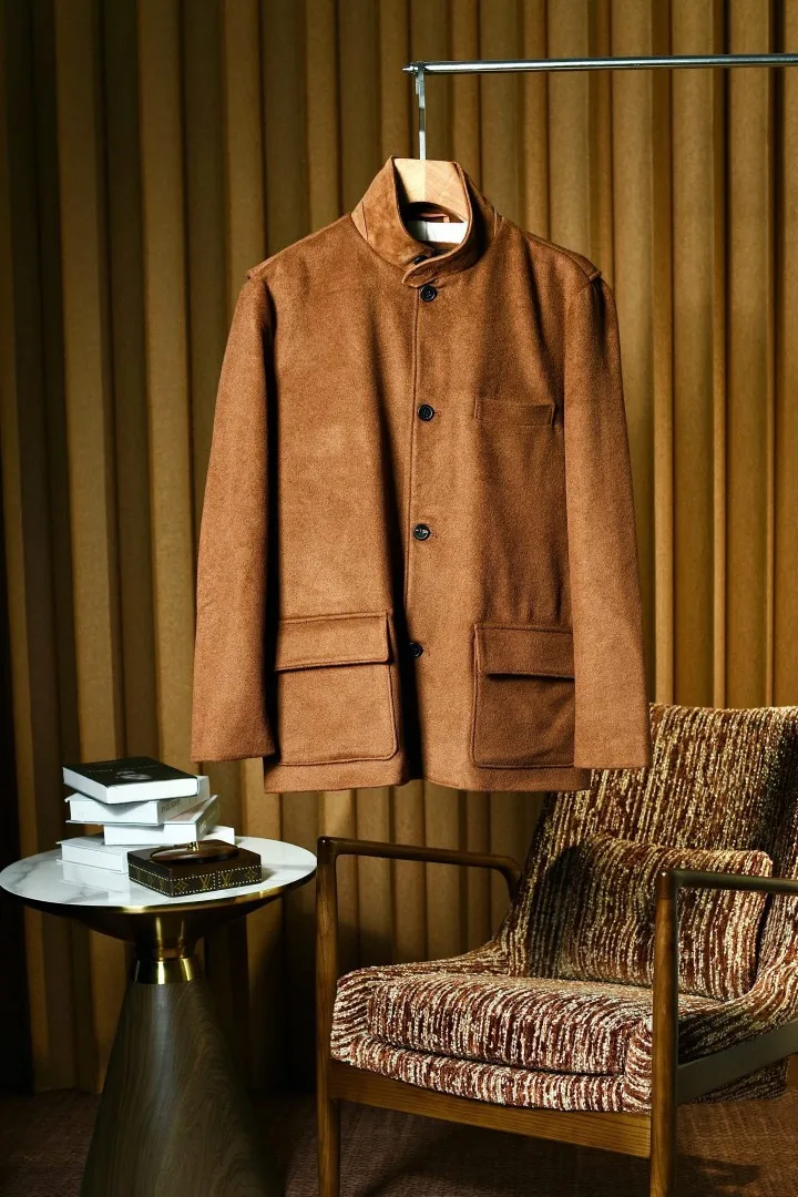 LP Men Wool Cashmere Blend Suede Flap Pocket Soft Jacket Light Business Coat