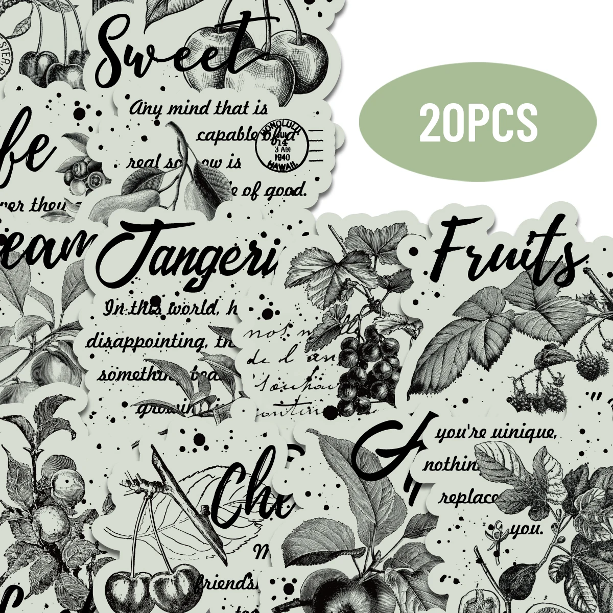 20pcs Vintage Green Fruit Pattern Stickers for Notebooks, Water Bottles, Luggage, Cell Phones, Handmade Scrapbooks, Envelopes