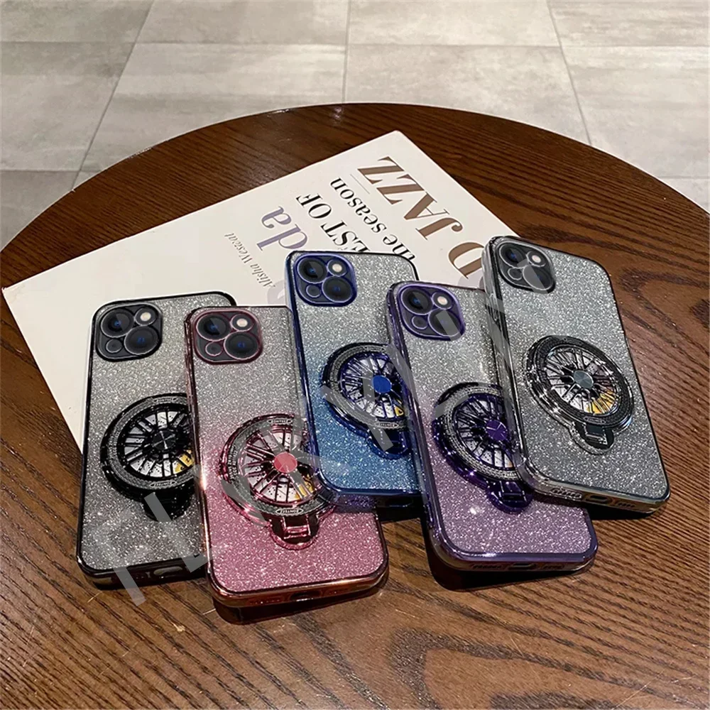 Glitter Shockproof Gradient Gyro Plating phone holder Case For Xiaomi Redmi 14C 13 13C 12 12C 10C 10A 9C 9A A3 Soft Stand Cover