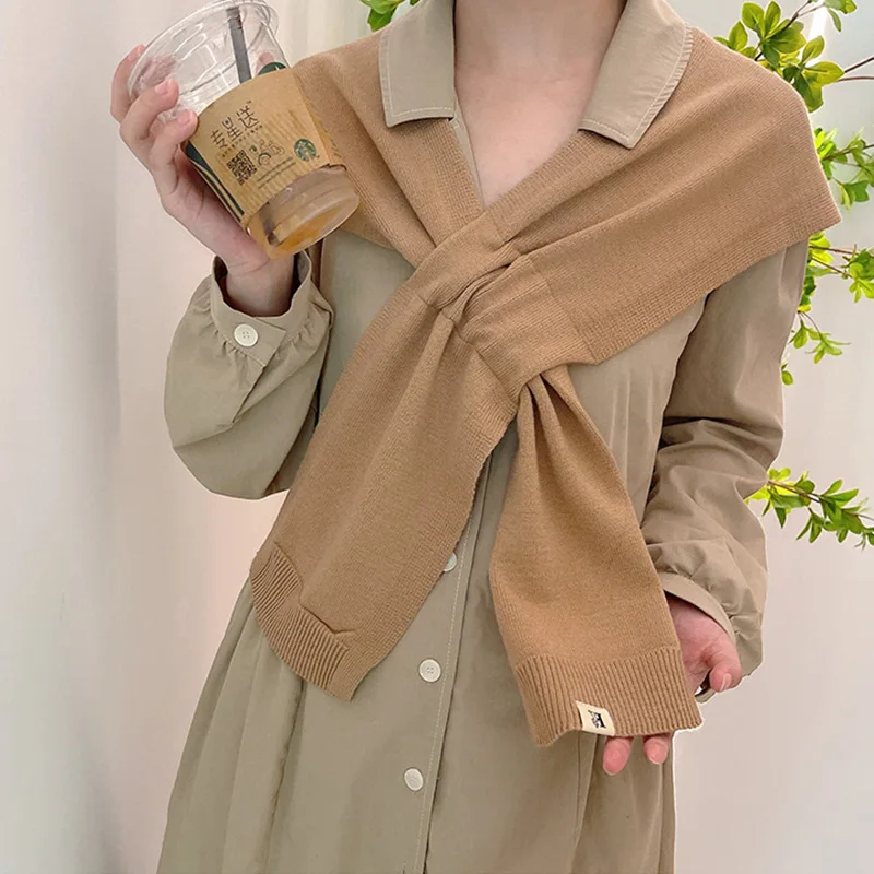 New Solid Knit Shawl for Women, Korean Versatile Sleeveless Shrug Ins Fashion Scarf for Spring Autumn