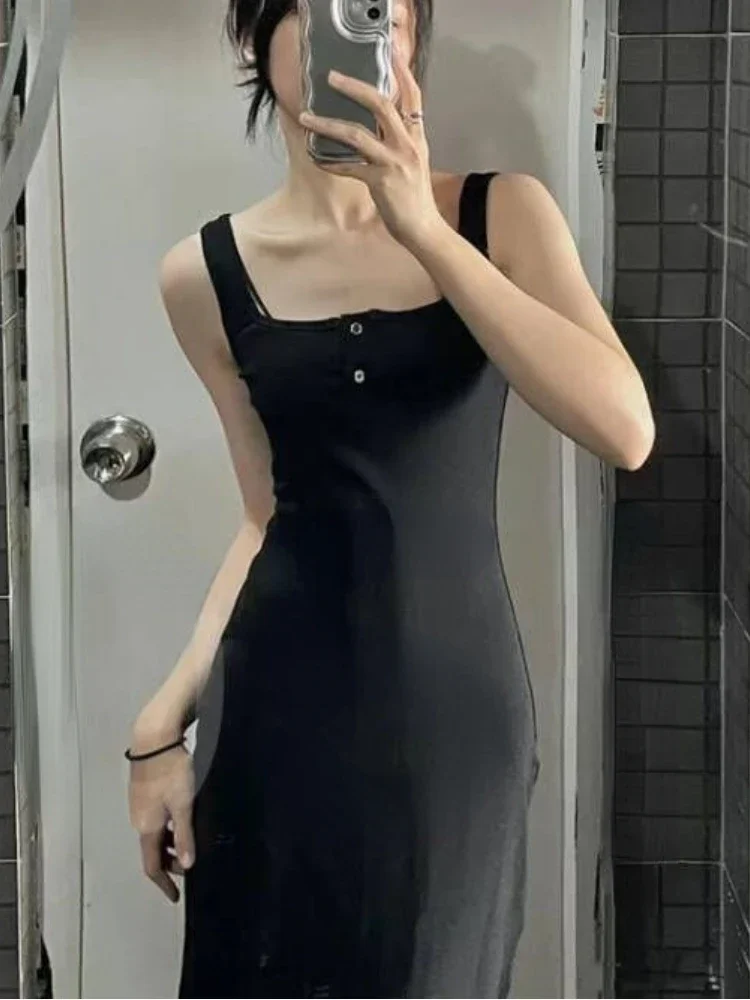 Vestidos largos negros para mujer, vestido veraniego sencillo a la moda, elegante, con cuello cuadrado, estilo francés, Sexy, sin espalda, informal, básico, nuevo