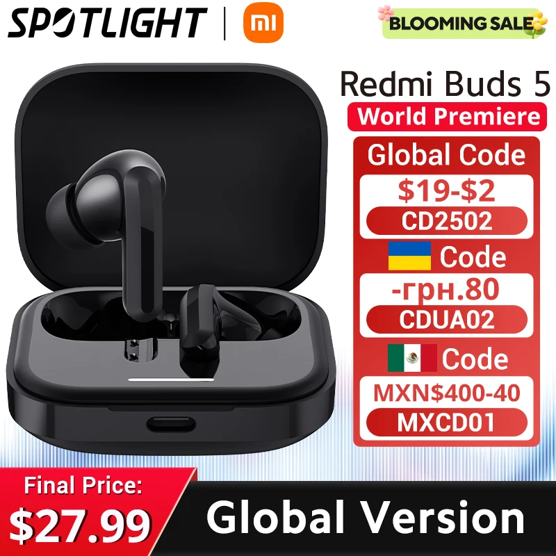 [รอบปฐมทัศน์โลก] เวอร์ชันสากล Xiaomi Redmi Buds 5 การตัดเสียงรบกวน AI สําหรับการโทร การเชื่อมต่อแบตเตอรี่สองอุปกรณ์ 40 ชั่วโมง