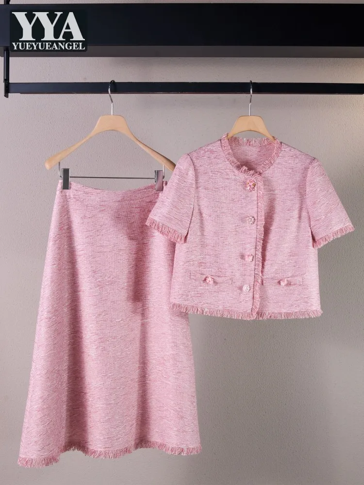 Summer New Women O-Neck Short Sleeve Tassel Pullover Top High Waist A Line Long Skirt Two Piece Set Casual Fashion Matching Sets