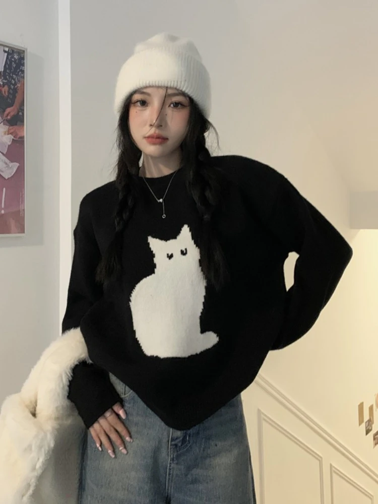 Sweet Cartoon Cat Knit Jumper Women Warm Sweater Women Japanese Loose Vintage Knit Fashion Top Kawaii Girls ins Winter 2022 New