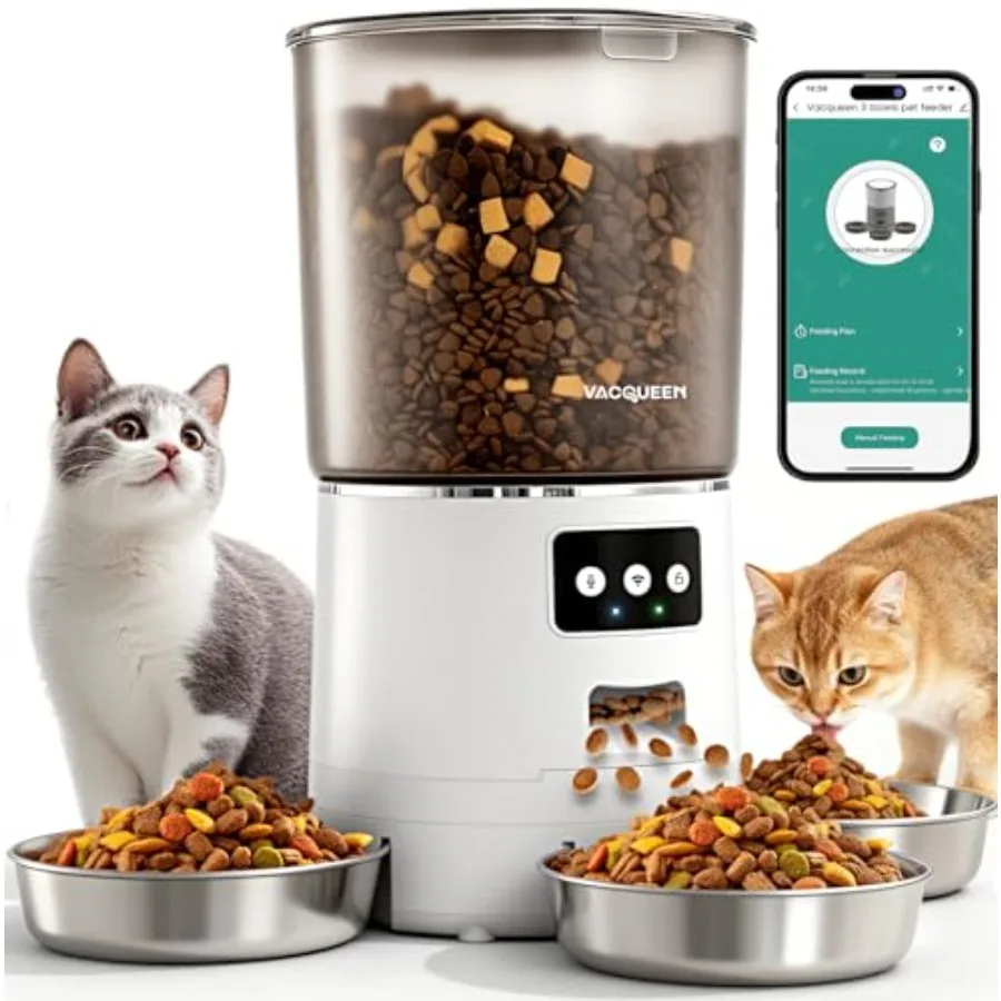 

Automatic Cat Feeder for 3 Cats, 6L/25 Cups Smart WiFi Pet Feeder, White, Strong Anti-Jam System, Dual-Effect Desiccant, 10S Vo