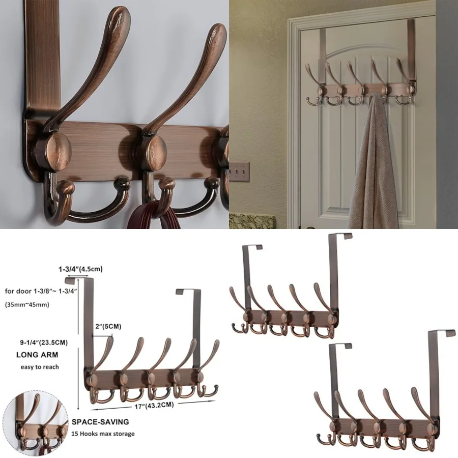 

Over The Door Hook Hanger - Fits 3/8" to 3/4" Standard Doors 5 Tri Hooks Heavy Duty Towel/Coat Rack Door Organizer for Clothes,