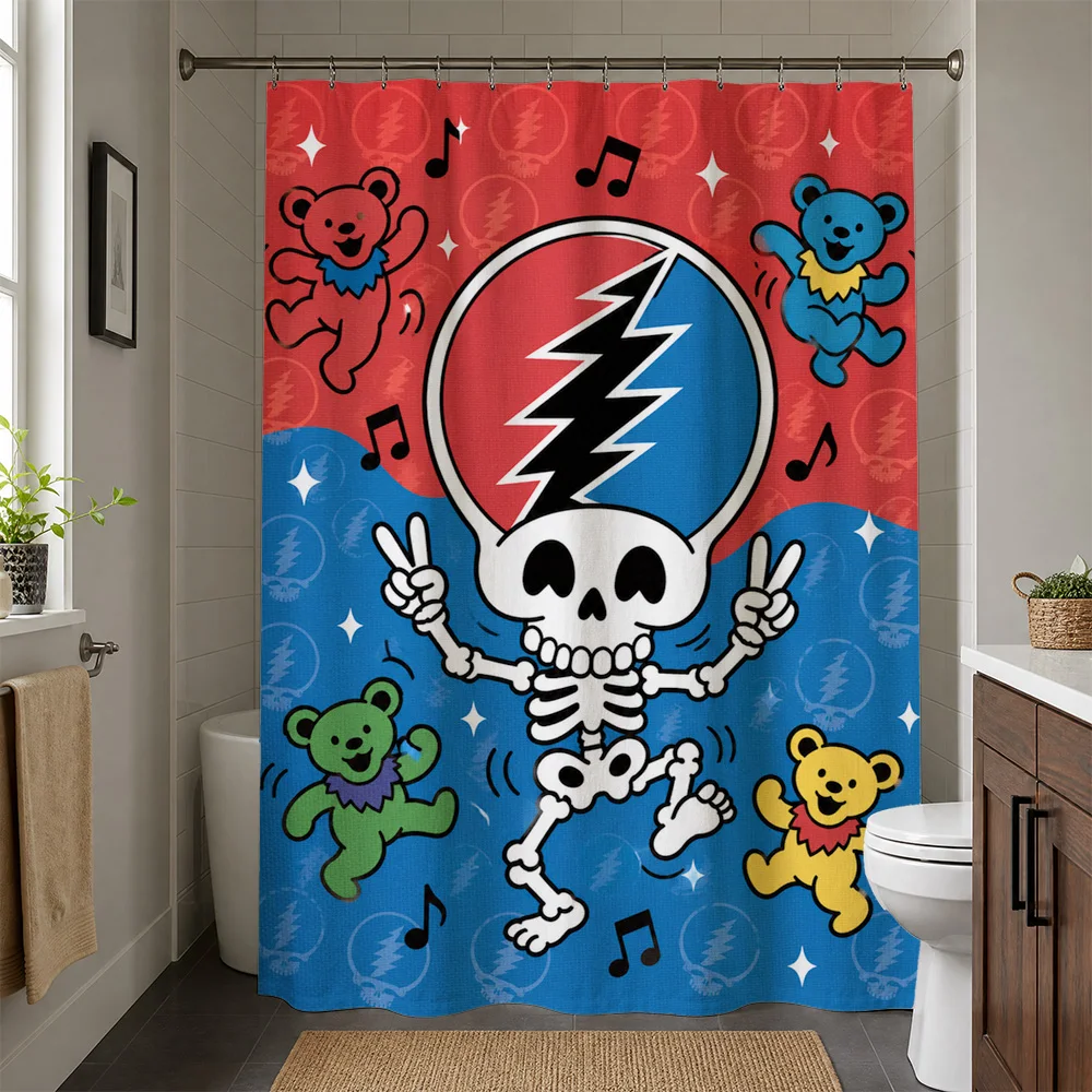Waterproof Shower Curtain Bear Skeleton Cartoon Bathroom Decor Dia de Muertos Pop Art Fun Tropical Style Shower Liner for Home