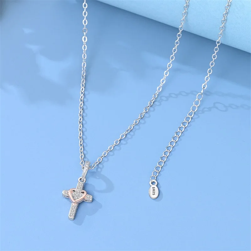 

925 Sterling Silver Love Cross Necklace Sparkling CZ Zircon High Quality For Women Fine Birthday Anniversary Jewelry Gifts