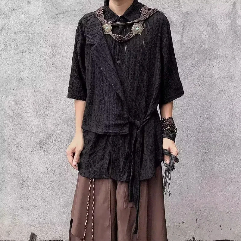 Summer Retro Niche Jacquard Hollow Texture New Chinese Style Men and Women Splicing Strap Design Short-sleeved Shirt