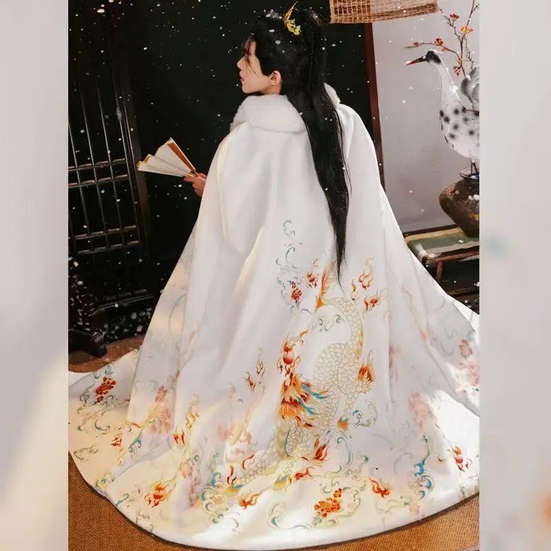 Vintage Brave Kylin Cloak Traditional Large Plush Collar Mascot Clouds Printing Long Robe Halloween Swordsman Cosplay Outer Cape