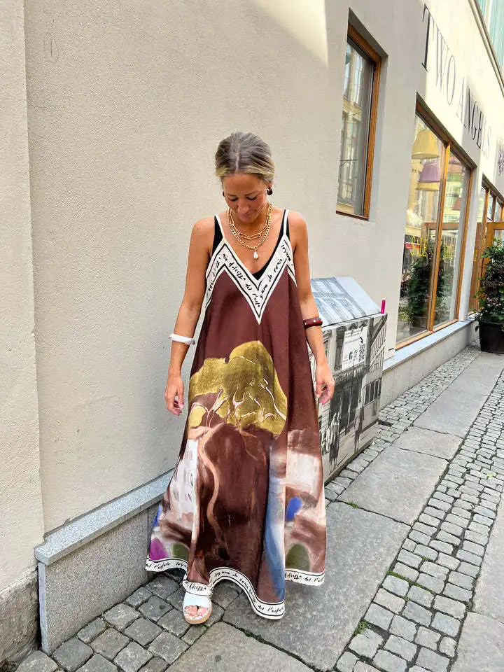 Vestido casual boho estampado para mulheres, solto, decote em v, suspensório, linha a, bainha grande, vestido longo, moda verão, vestidos estilo férias