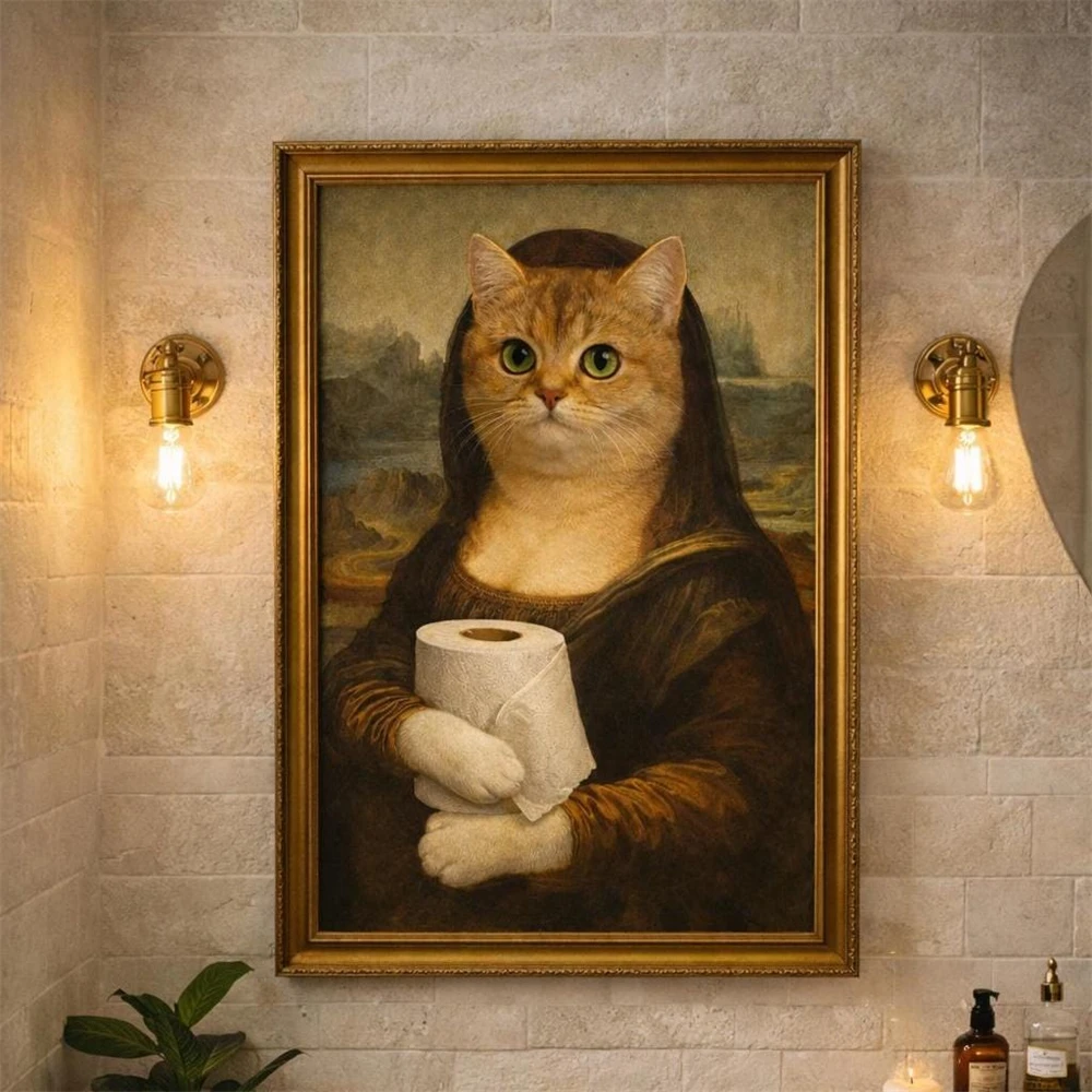 Funny Cat Mona Lisa Poster Cat with Toilet Paper Wall Art Prints Humorous Bathroom Decor Canvas Painting Home Decor