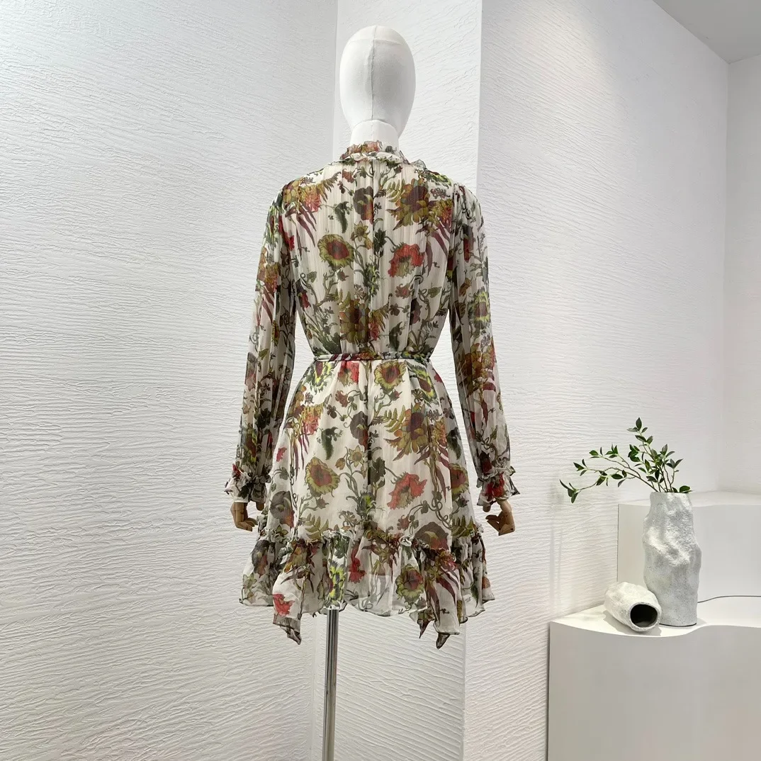 Pure Silk 2024 New Summer Flower Color Floral Print Ruffles Long Butterfly Sleeve Ruched Hem Self Tie Bow Vintage Mini Dress