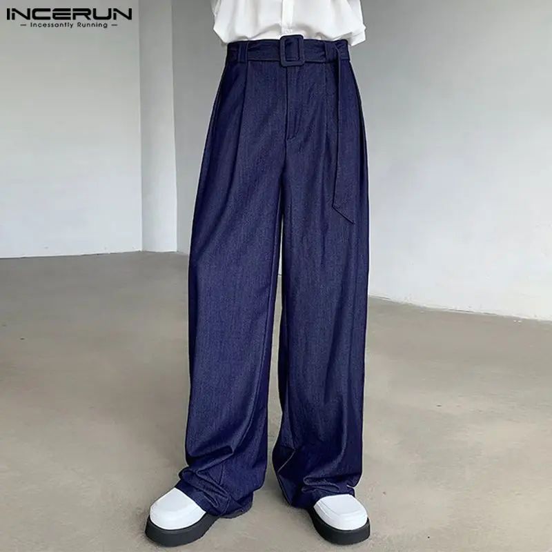 INCERUN Men Pants Solid Color Joggers Loose Button Casual Trousers Men With Belt Streetwear 2024 Fashion Wide Leg Pants S-5XL