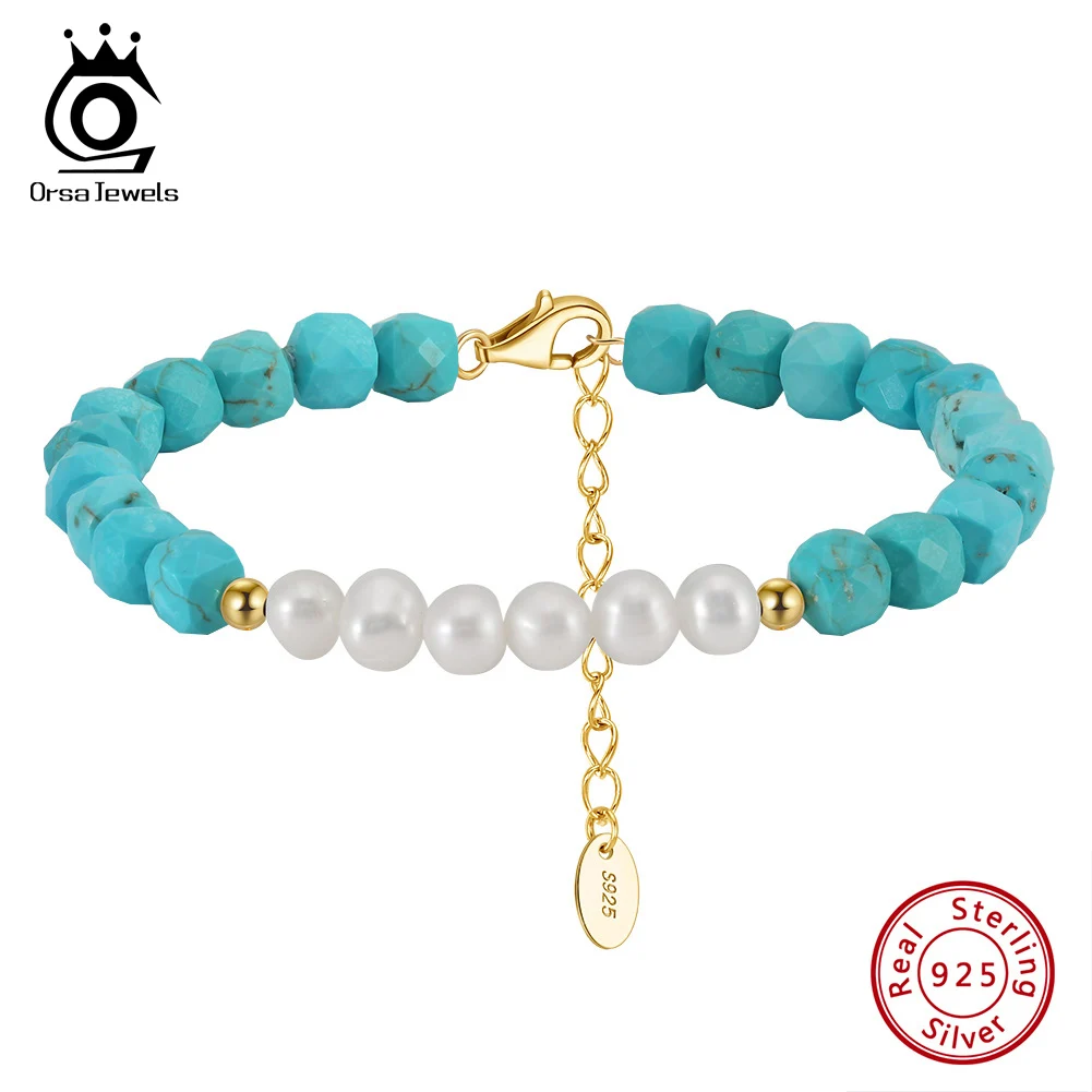 

ORSA JEWELS 925 Sterling Silver Turquoise Bracelet Fashion Jewelry for Women Natural Stone Chain Bracelet with Round Pearl MPB08