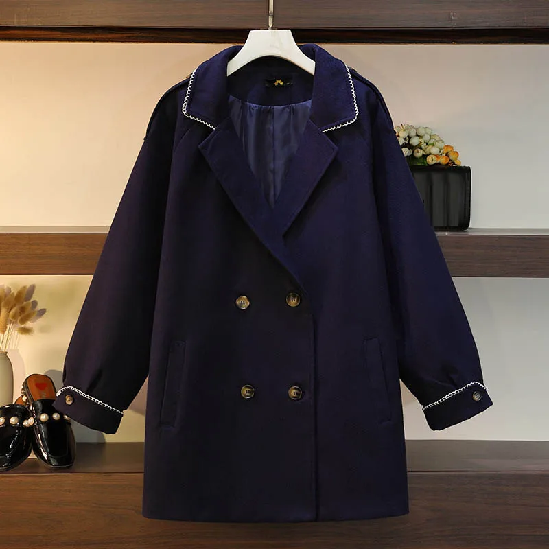 

150Kg Plus Size Women's Bust 160 Autumn Winter Loose Tailored Collar Double Breasted Woolen Coat Blue 6XL 7XL 8XL 9XL 10XL