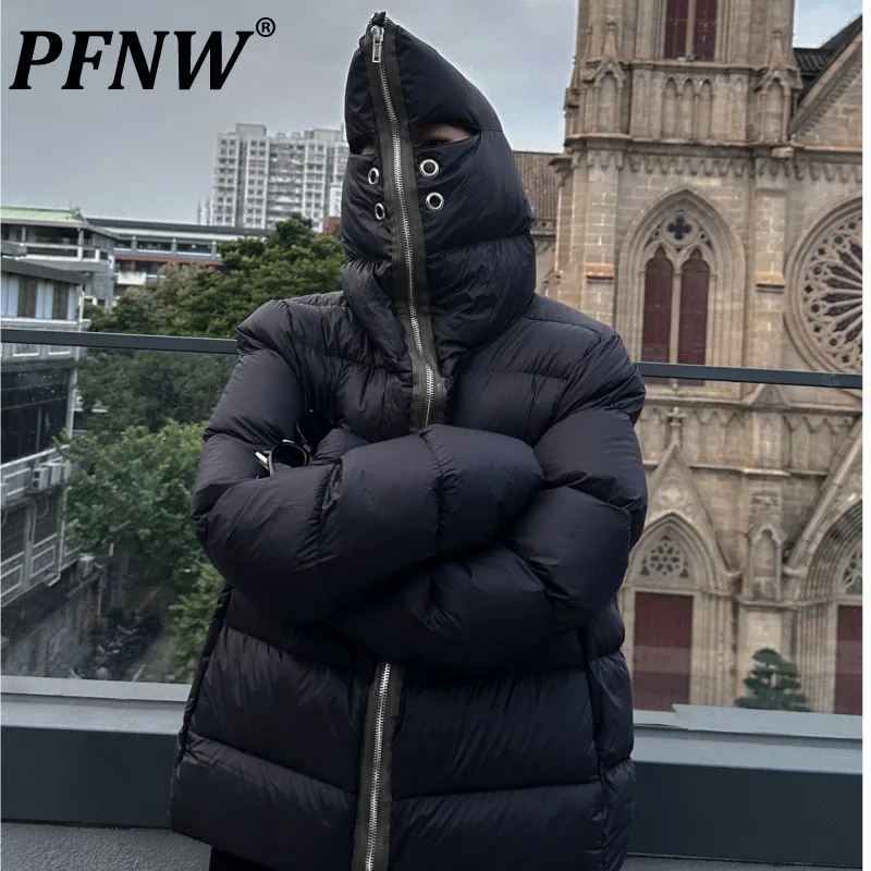 PFNW High Quality Darkwear Masked Zipper Warm Black Down Coat Loose Oversized Niche Design Short Tyle Winter Jacket Male 28W5599