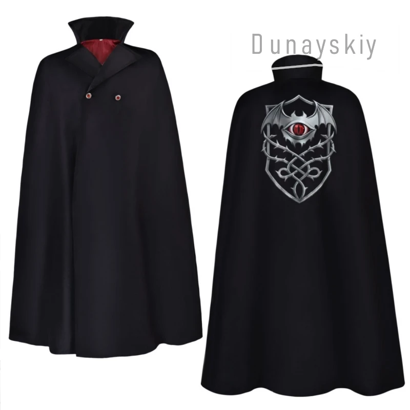 Cape de cosplay de comte vampire gothique pour Halloween, longue, à col montant, avec doublure intérieure rouge et imprimé dos motif chauve-souris argentée et épineux
