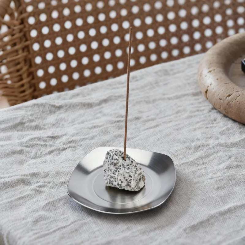 Industrial Style Raw Stone Incense Stick Holder with Metal Tray,  Aromatherapy Burner Base for Study Desktop Living Room Decor