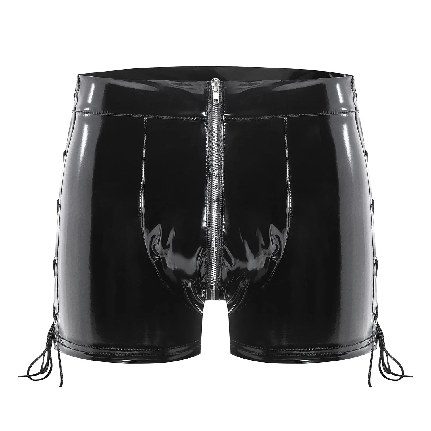 Sexy Men Wet Look PVC Leather Boxers Shorts Zipper Open Crotch Bulge Pouch Shiny Latex Short Pants Side Lace Up Bandage Clubwear
