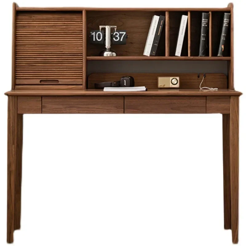 

Nordic black walnut all solid wood desk Japanese log bookshelf combination simple office desk