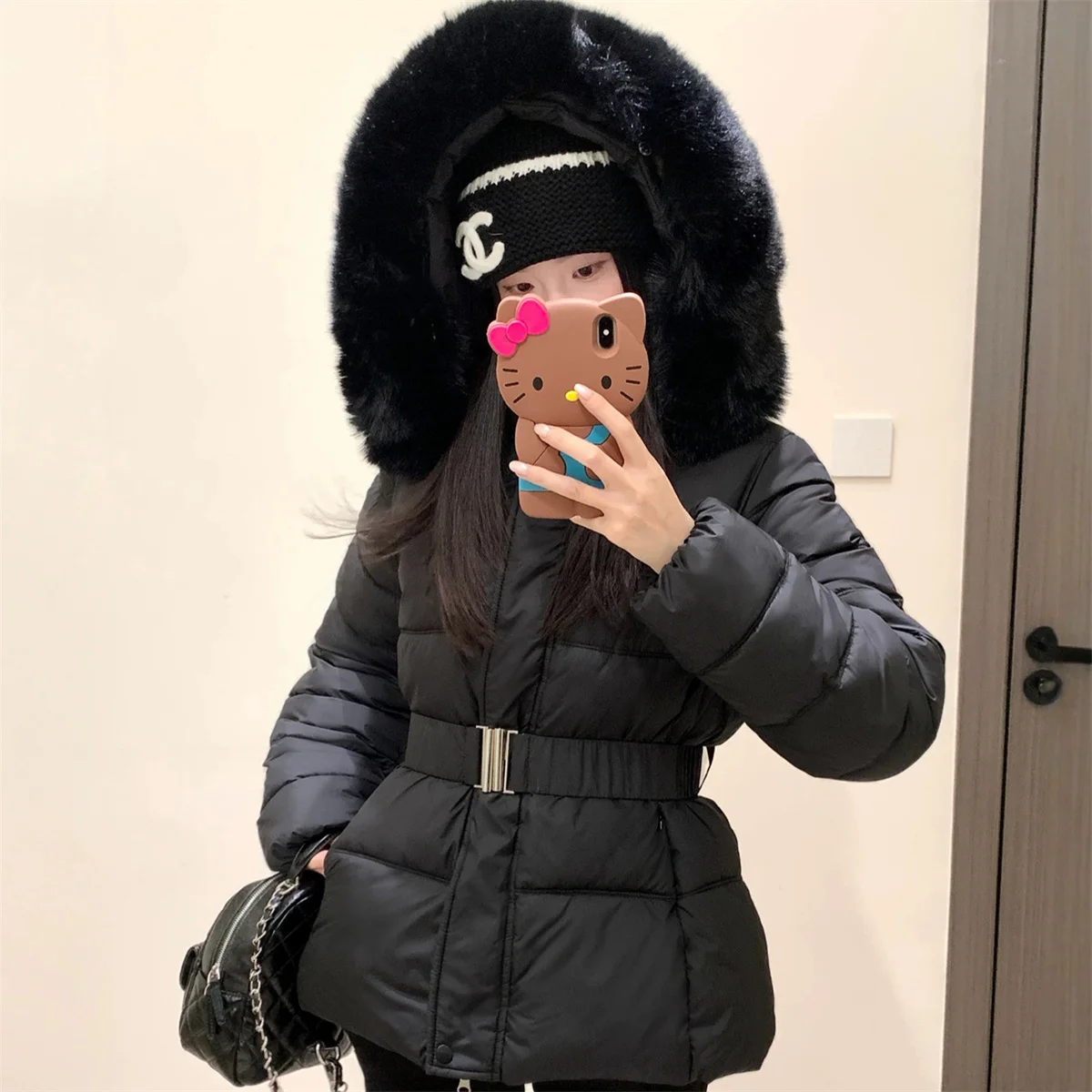 Detachable Fur-Collar Hooded Parka Women Autumn Warm Tied Waist Coat Long Sleeve Solid Quilted Jacket Chic Korean Vintage Coats
