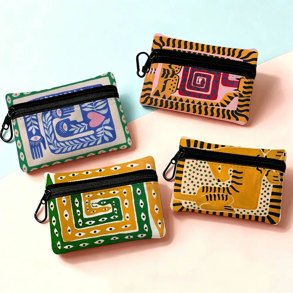 Ancient Egypt Tiger Leopard Mini Oxford Cloth Coin Purse With Carabiner Hook Portable Key Card Wallet Small Zipper Storage Pouch