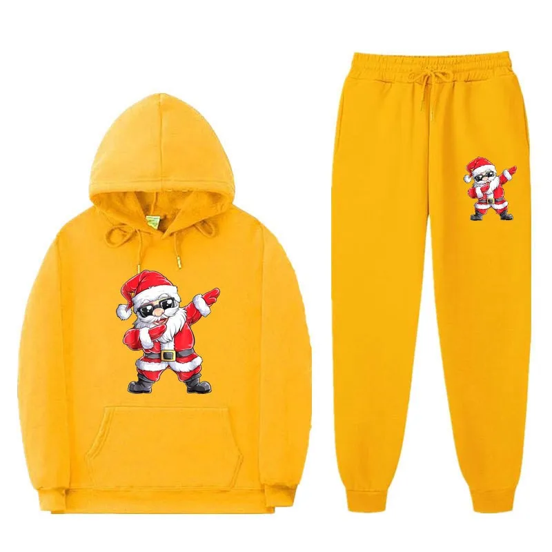 Santa Claus printed hoodie and pants set, fashionable threaded bottom hem, loose hooded shirt, men's and women's casual sports s