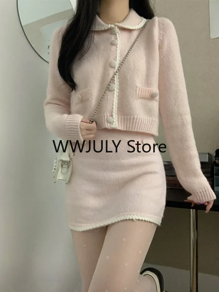 Pink Korean Fashion Knitted Suit Elegant 2 Piece Set Woman Casual Sweater Tops + Sexy Bodycon Mini Skirt Office Lady 2023 Autumn