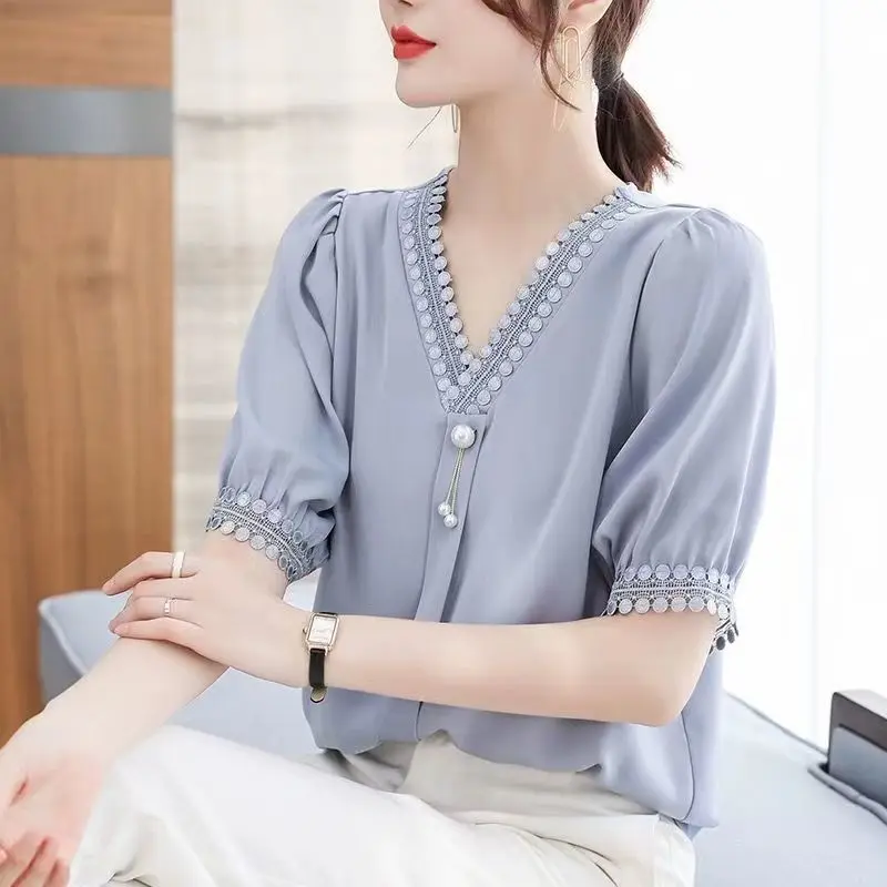 

Simplicity office lady Summer Women's V-Neck Solid Lace Patchwork Fashion Temperament Loose short Sleeve Chiffon shirt tops