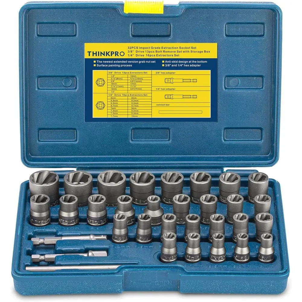 

32-Piece Rounded Bolt Extractor Set for Removing Damaged, Rusted, and Rounded Fasteners