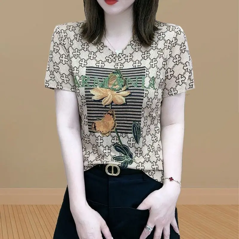 

Summer Literal Vintage Loose Casual Cotton Linen Thin T-shirt Women's V-neck Print Letter Diamond Fashion Short Sleeve Top 2024