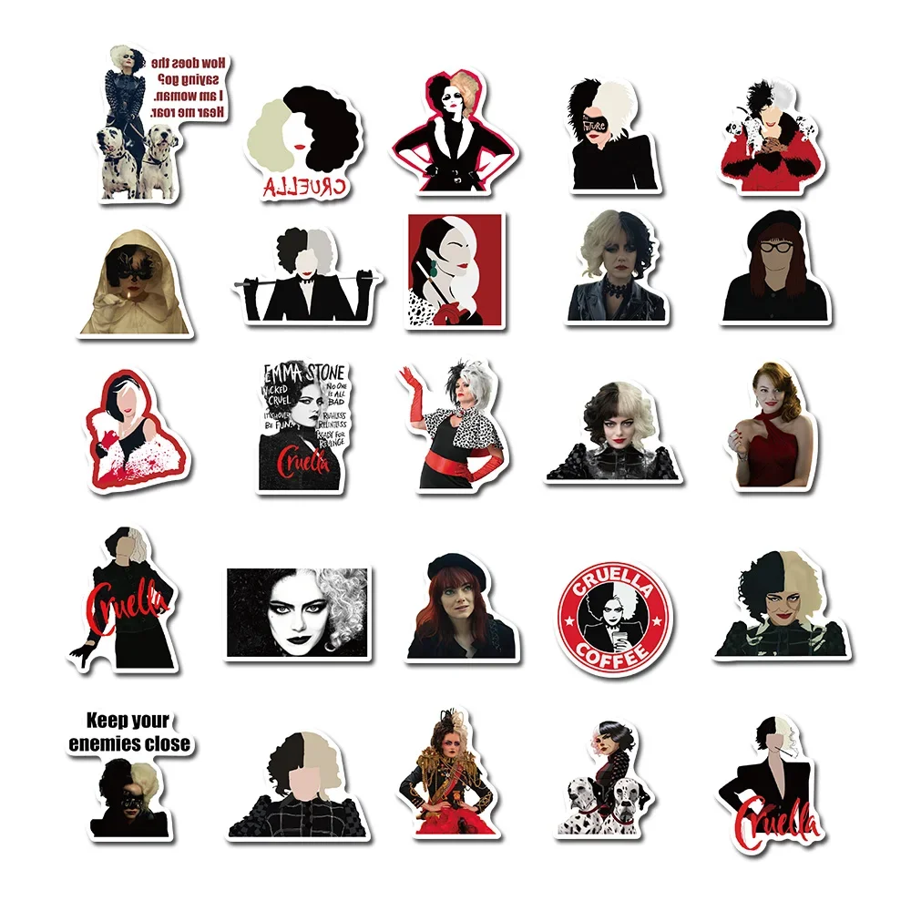 50pcs Classic Movie Cruella Sticker Villain Queen Decals DIY Graffiti Skateboard Laptop Motorcycle PVC Cool Sticker Decals