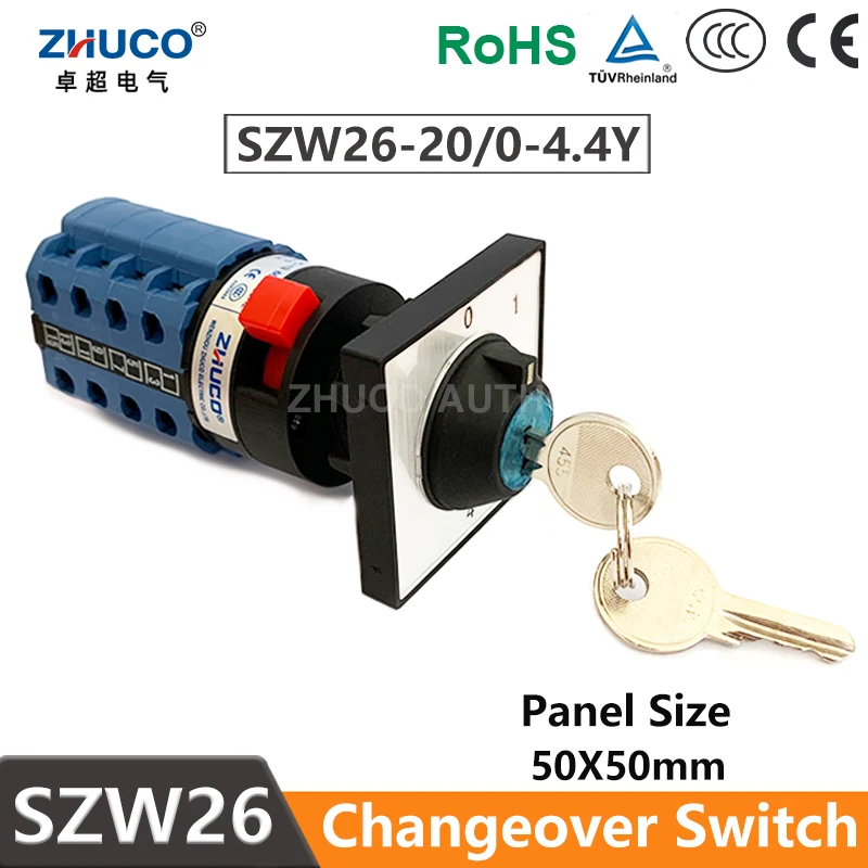 ZHUCO SZW26/LW26-20/0-4.4Y 16 Terminals 4 Pole Changeover 5 Positions Selector Universal Rotary Cam Switch With Key  20A 660V