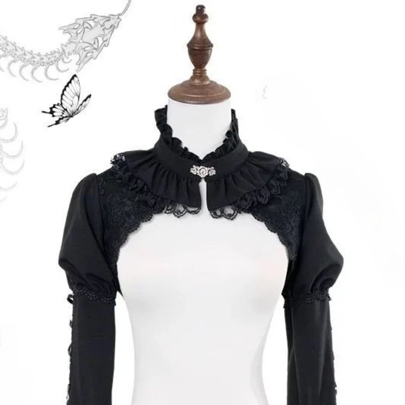 เสื้อคลุมสไตล์โกธิคญี่ปุ่น Y2K โลลิต้า เสื้อคาร์ดิแกนผู้หญิง แขนพองหลวมๆ แต่งลูกไม้สีดำ เสื้อครอปฮาราจูกุ พังก์ เสื้อคลุม