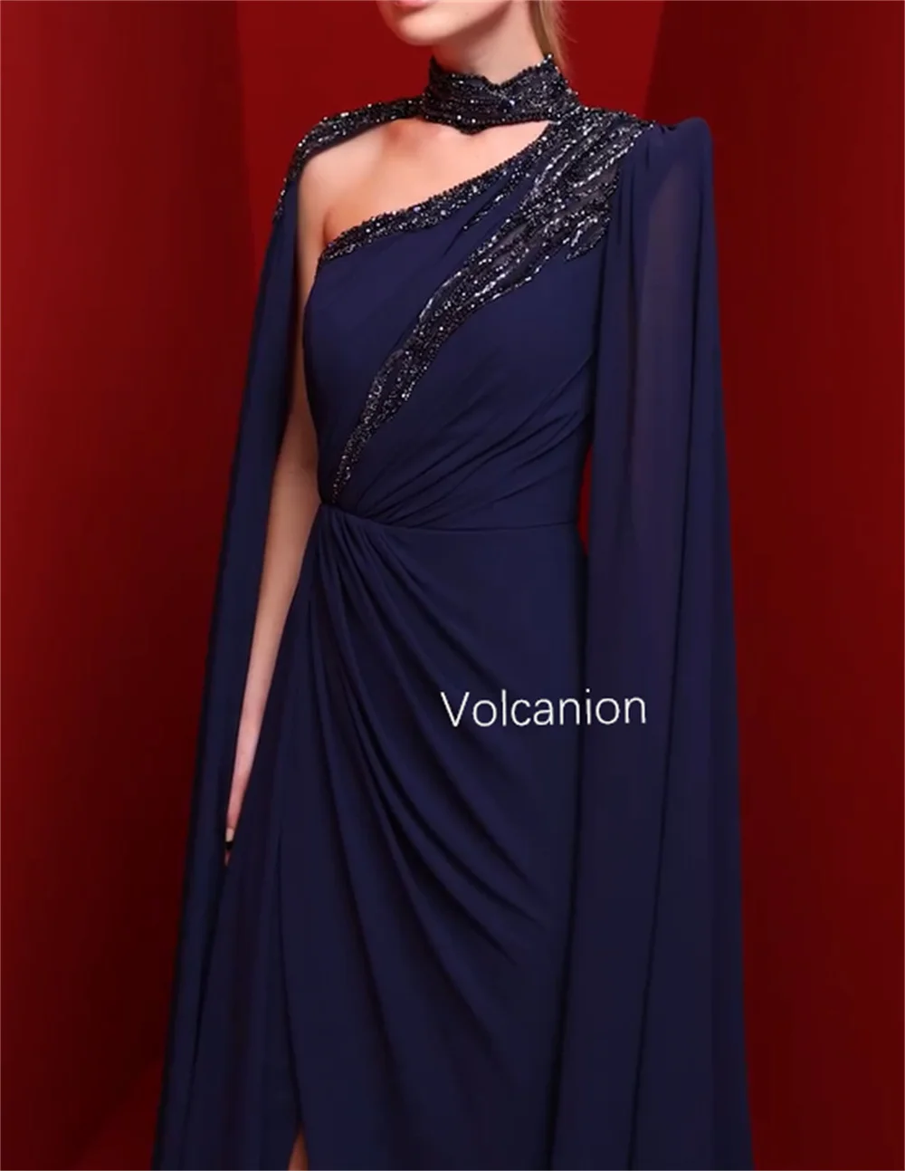 Customized Chiffon Pleat A-line High Collar Long Dresses Bespoke Occasion Cocktail Exquisite Fashion Matching