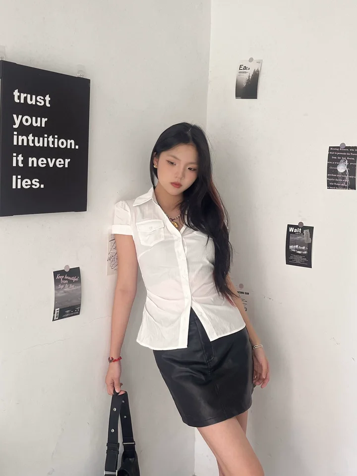 Femme rosa blusa fina camisas de verão moda feminina casual polo pescoço manga curta topo único breasted camisa y2k coquette