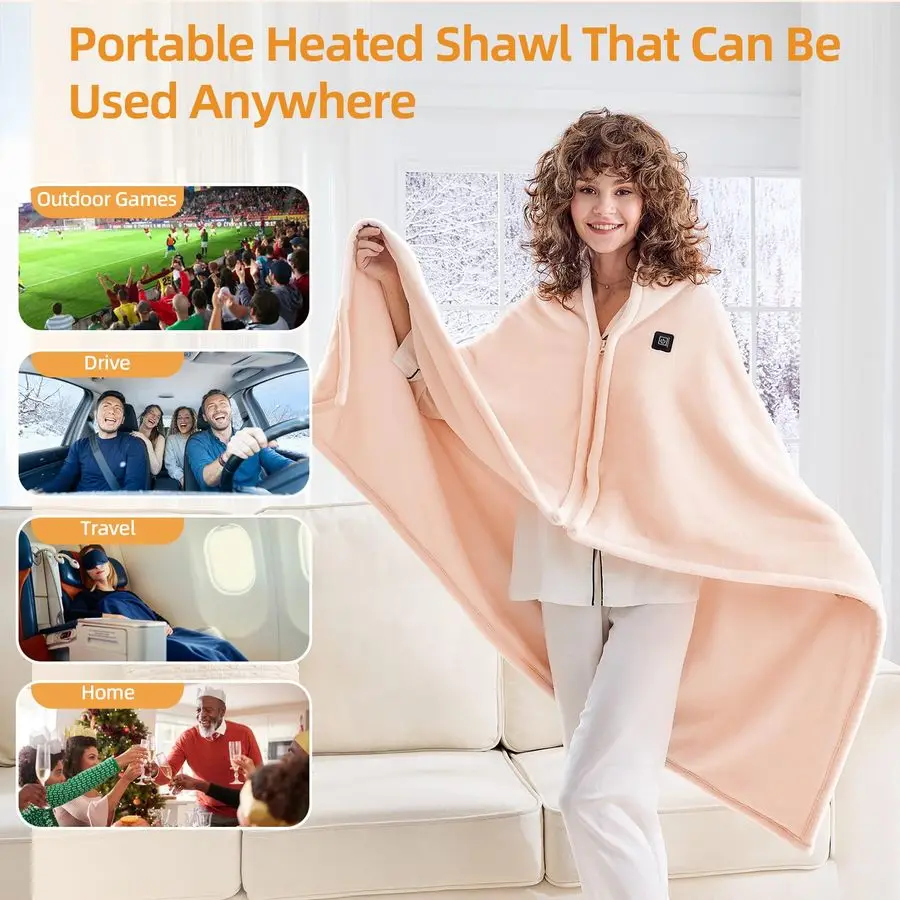 بطانية كهربائية ساخنة محمولة بمنفذ USB، بطانية رمي ساخنة لاسلكية للسفر، والتخييم، وسرير للنساء، 3 مستويات تسخين، حامل وردي